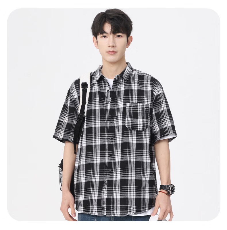 Woodpecker Casual Versatile Plaid Shirt Men 2026 Summer Trendy Ins Thin Loose Short Sleeve Top Black M 17