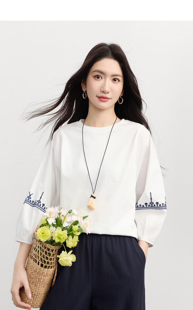 Sllsky Bohemian Embroidered White T-Shirt for Women 2026 Spring Summer New Loose Casual Three-Quarter Sleeve Top 15