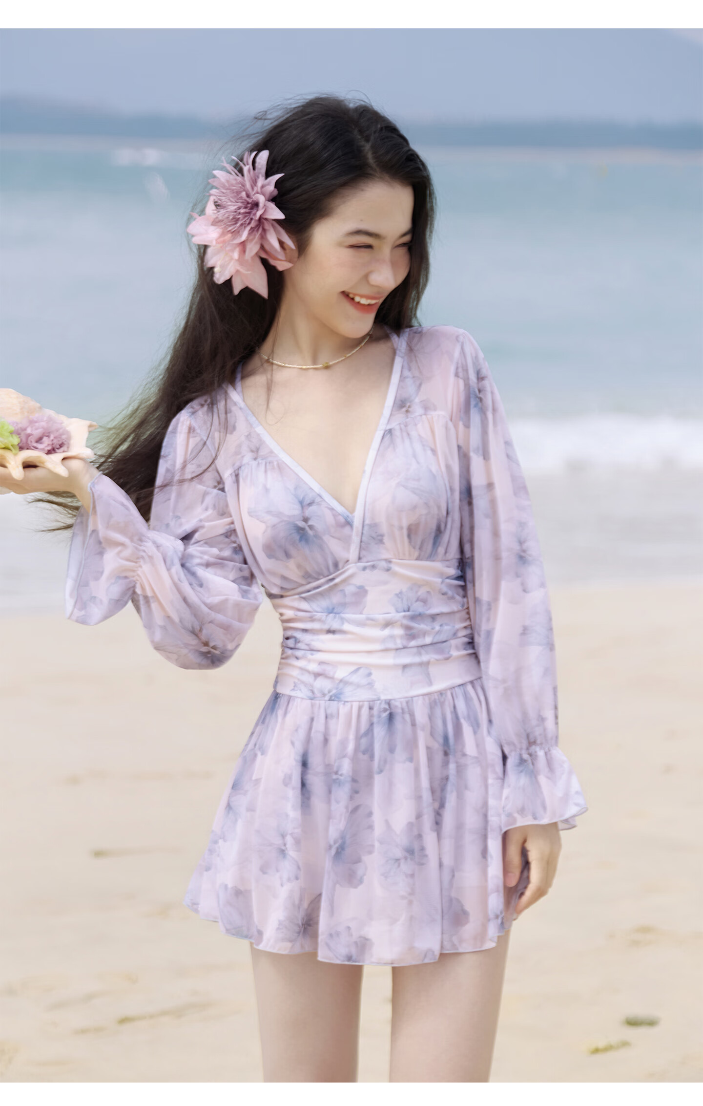 Sanqi Women's One-Piece Swimsuit Skirt Style V-Neck Tummy Control Slimming Vacation Hot Spring Long Sleeve Plus Size Fairy Style Swimwear 2XL 9