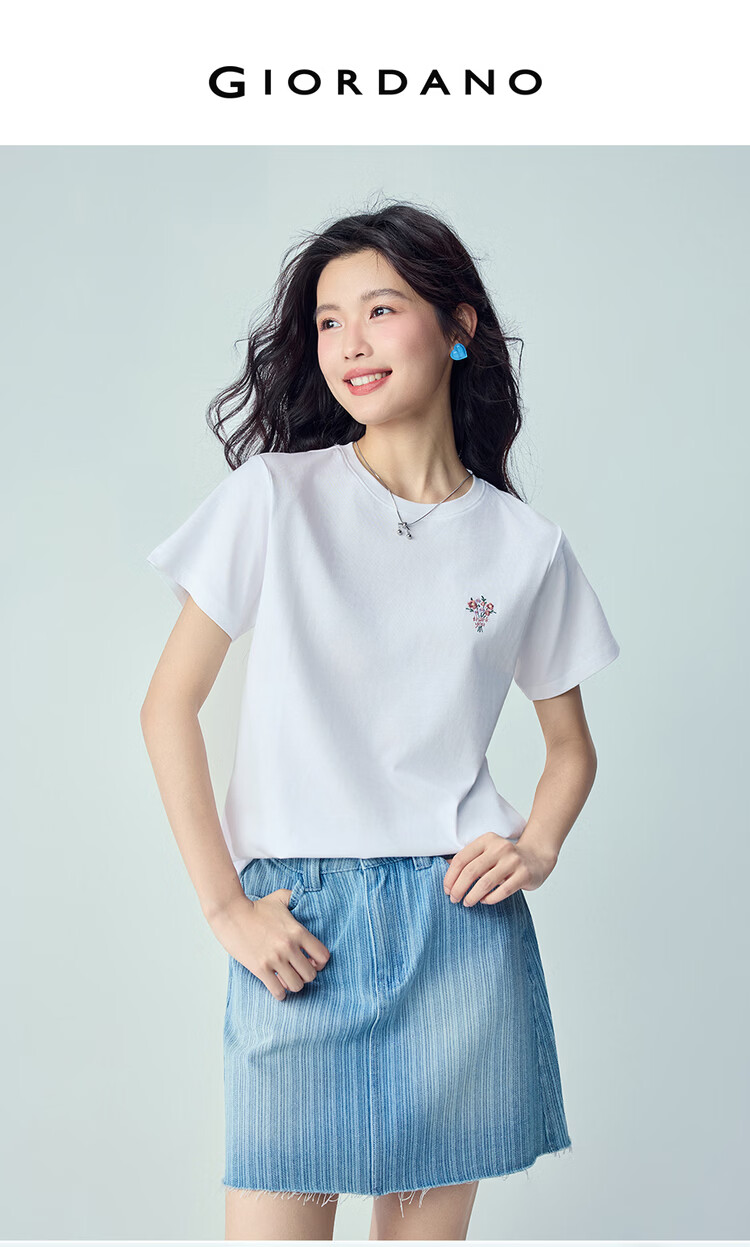Giordano Women's Short Sleeve T-Shirt 2026 Summer New Pure Cotton Bouquet Embroidery Forest Style Crew Neck Top 13326321 3