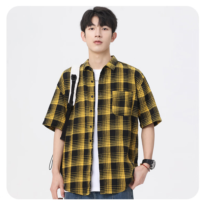 Woodpecker Casual Versatile Plaid Shirt Men 2026 Summer Trendy Ins Thin Loose Short Sleeve Top Black M 23