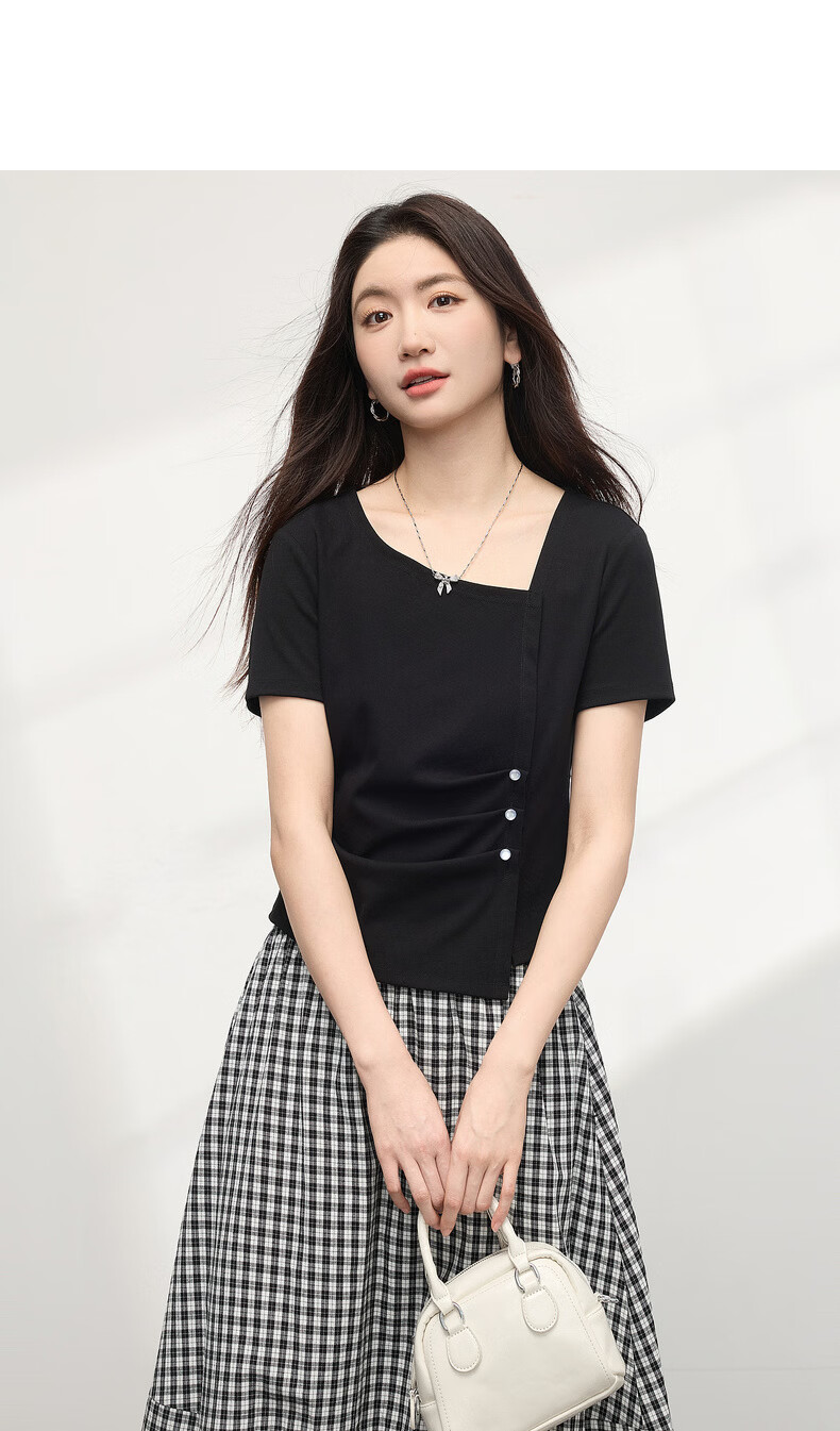 Sllsky Irregular Pleated Waist-Slimming Short Sleeve T-Shirt Women Summer Designer Short Square Neck Top 16