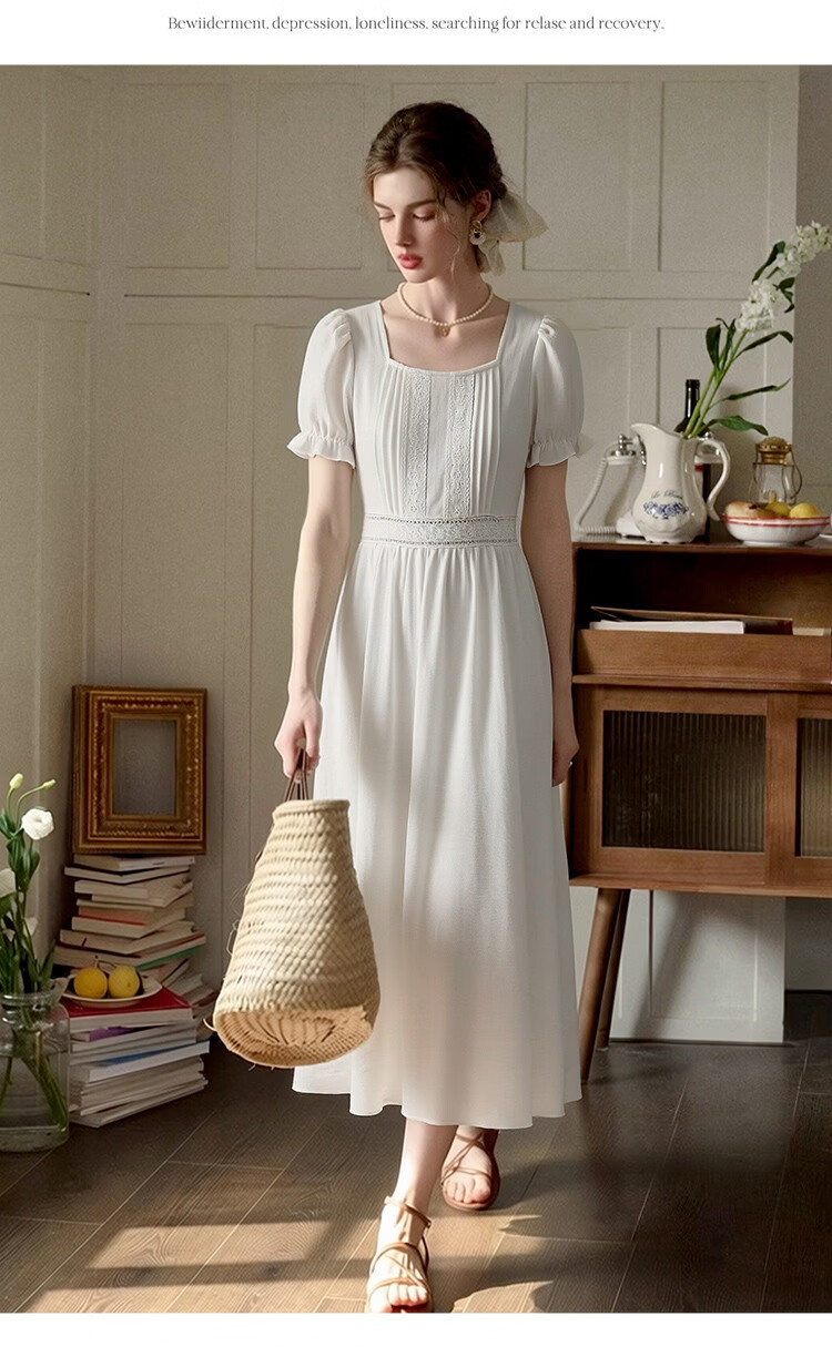Olrain Lace Short Sleeve Square Neck Dress Summer Women's French Country Mid-Length Dress Off-White M 13