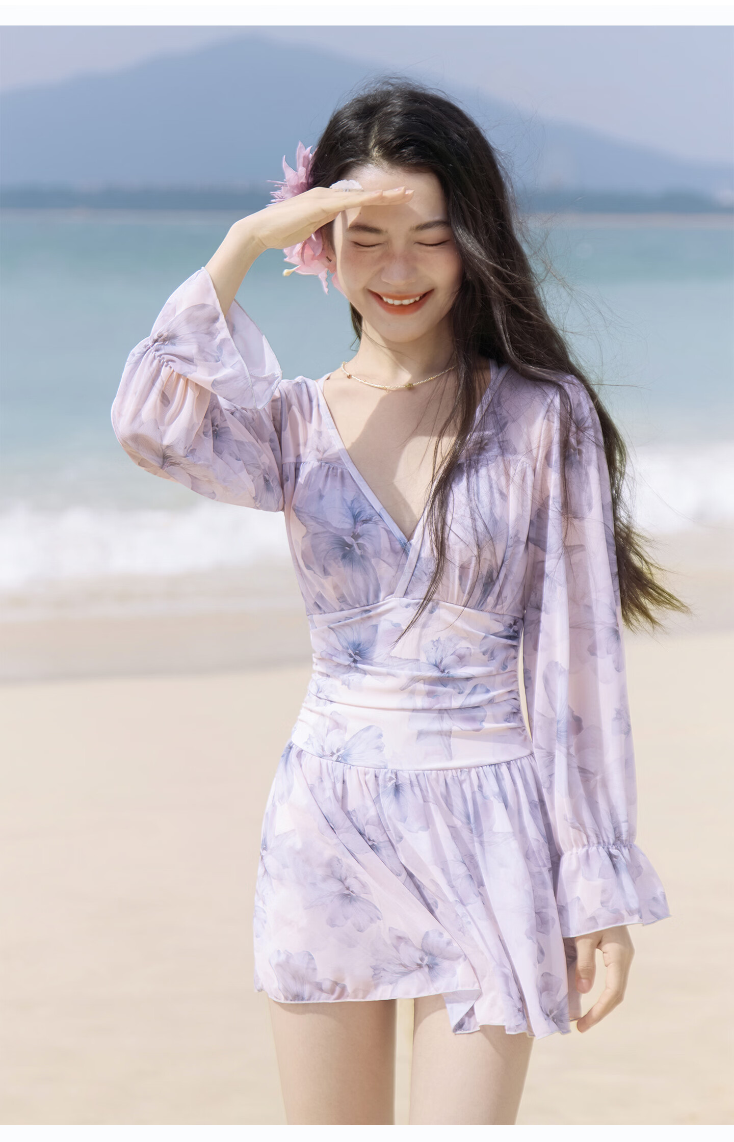 Sanqi Women's One-Piece Swimsuit Skirt Style V-Neck Tummy Control Slimming Vacation Hot Spring Long Sleeve Plus Size Fairy Style Swimwear 2XL 13