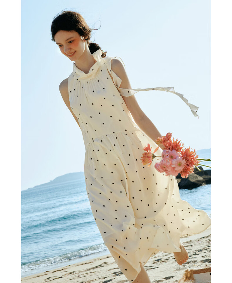 Olrain French Style Polka Dot Ruffled Neck Tie Loose Sleeveless Long Dress for Women, Polka Dot, Size S 13