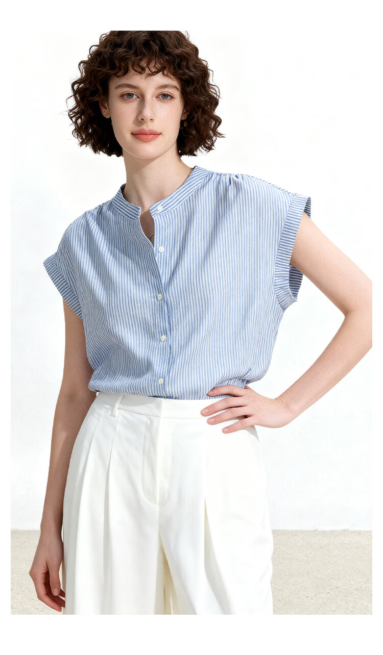 ENC Japanese Style Flutter Sleeve Shirt Summer Girl Fresh Short Sleeve Blue Striped Lazy Feel Shirt Design Top 14