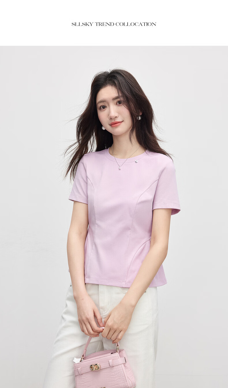 Sllsky Beautiful Pink Purple Short Sleeve T-Shirt Women Summer Round Neck Ruffle Hem Short Shoulder Crop Top 18