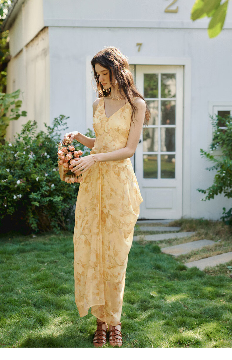 Olrain Oureier Summer New V-Neck Vest Dress Layered Pleated Deconstructed Vacation Style Printed Long Dress Yellow M 15