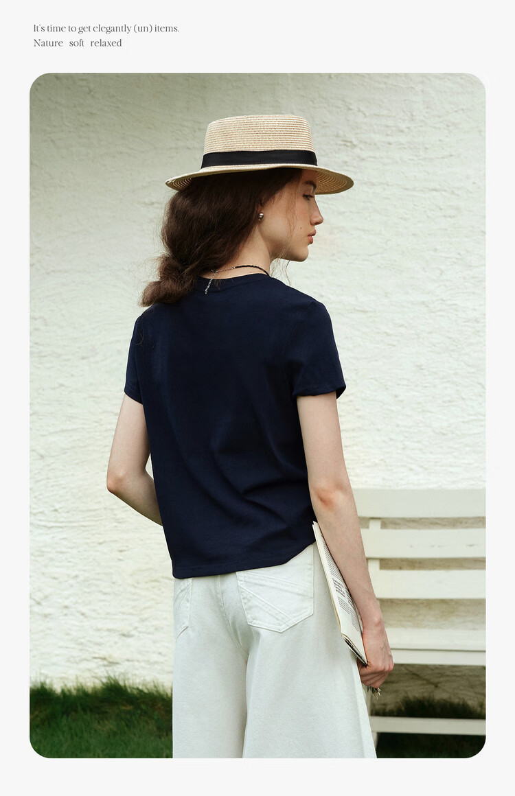 Olrain Eurier New Summer Casual Simple Embroidered Design Crew Neck Pullover Short Sleeve T-Shirt for Women Navy Blue M 7
