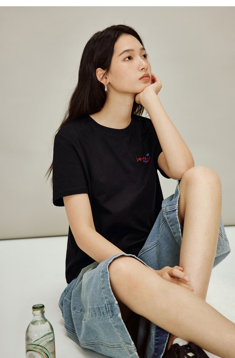 INMAN Classic Cotton Embroidered Crew Neck Short Sleeve T-Shirt Spring 2026 Women's Casual Basic Pearl White M 17