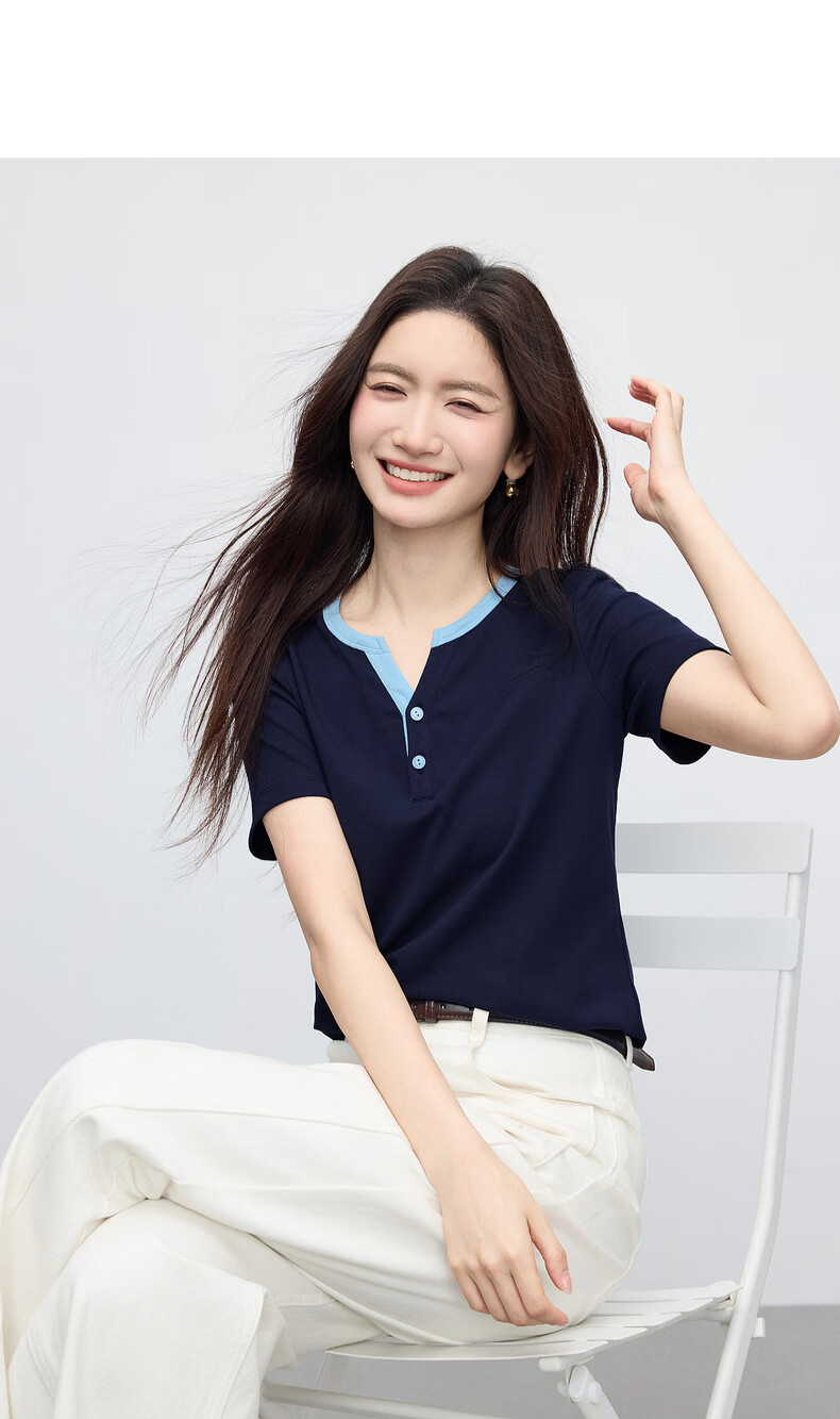 Sllsky Women's Short Sleeve T-Shirt 2026 Summer New Fashion Casual Colorblock Henley Neck Youthful Top 22