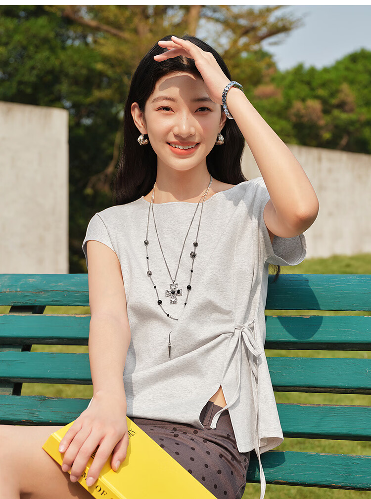 Semir Senrou Women's Summer T-Shirt Off-Shoulder Bow Split Pure Cotton 2026 Gentle Style 109326100010 17