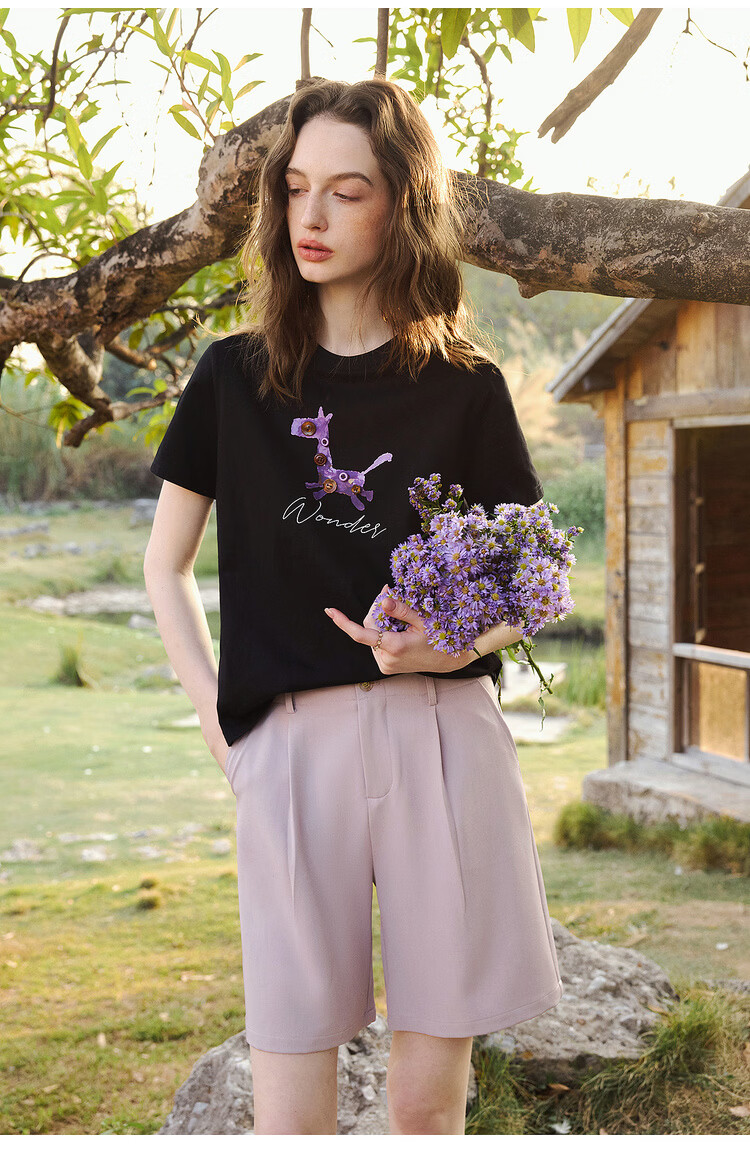 Olrain Women's Casual Commuter Cotton Short Sleeve T-Shirt with Pony Print Summer New Round Neck Top Black L 21