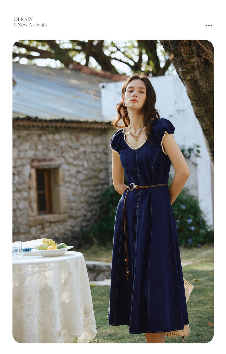 Olrain Eurielle Summer New Retro U-Neck Waist-Slimming Fitted Versatile Denim Dress for Women Denim Blue S 2
