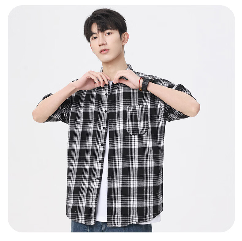 Woodpecker Casual Versatile Plaid Shirt Men 2026 Summer Trendy Ins Thin Loose Short Sleeve Top Black M 13