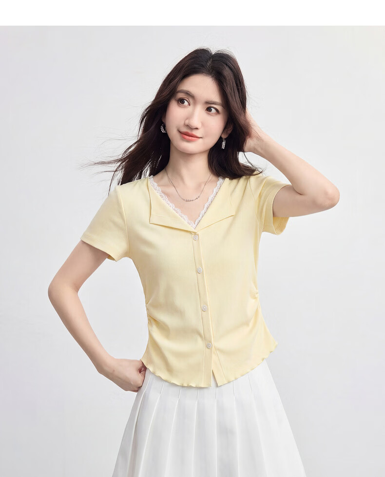 Sllsky Slow Style Lace Splice V-Neck T-Shirt Women Short Sleeve Fashionable Designer Top 2026 Summer New Arrival 17