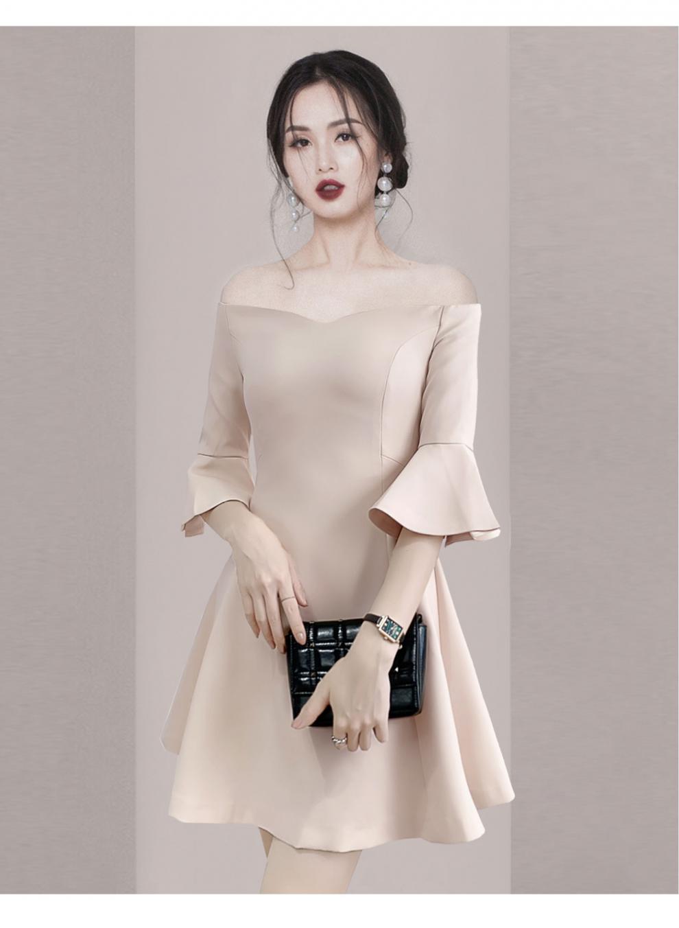 【特价捡漏】荷叶边喇叭杏色一字肩连衣裙小礼服女 杏色 l【图片 价格