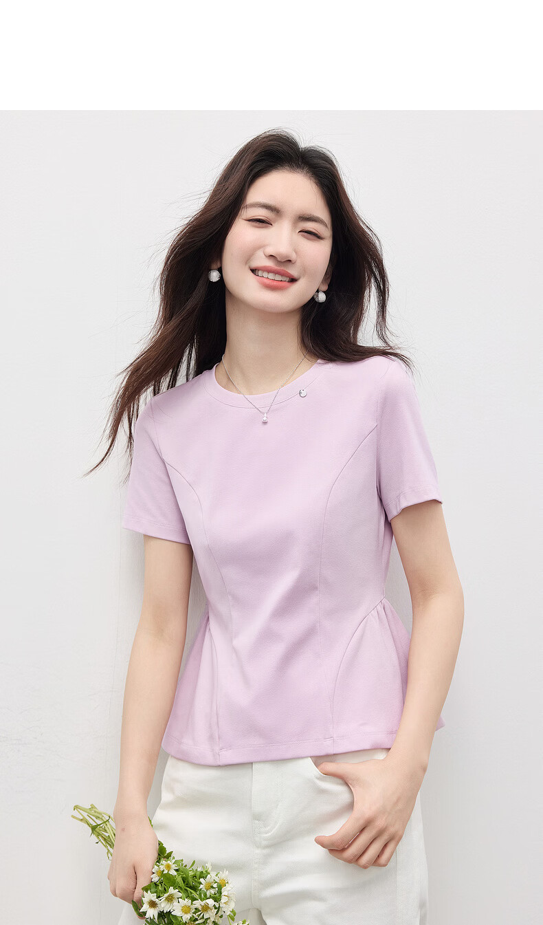 Sllsky Beautiful Pink Purple Short Sleeve T-Shirt Women Summer Round Neck Ruffle Hem Short Shoulder Crop Top 17