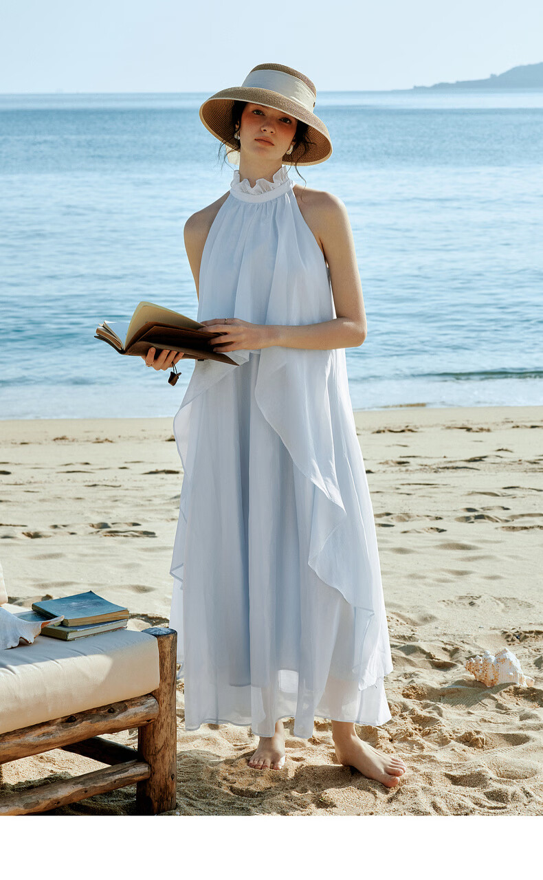 Olrain Lenzing Lyocell Summer Dress Vacation Style Women's Sheer Ruffle Halter Neck Long Dress Blue XL 12