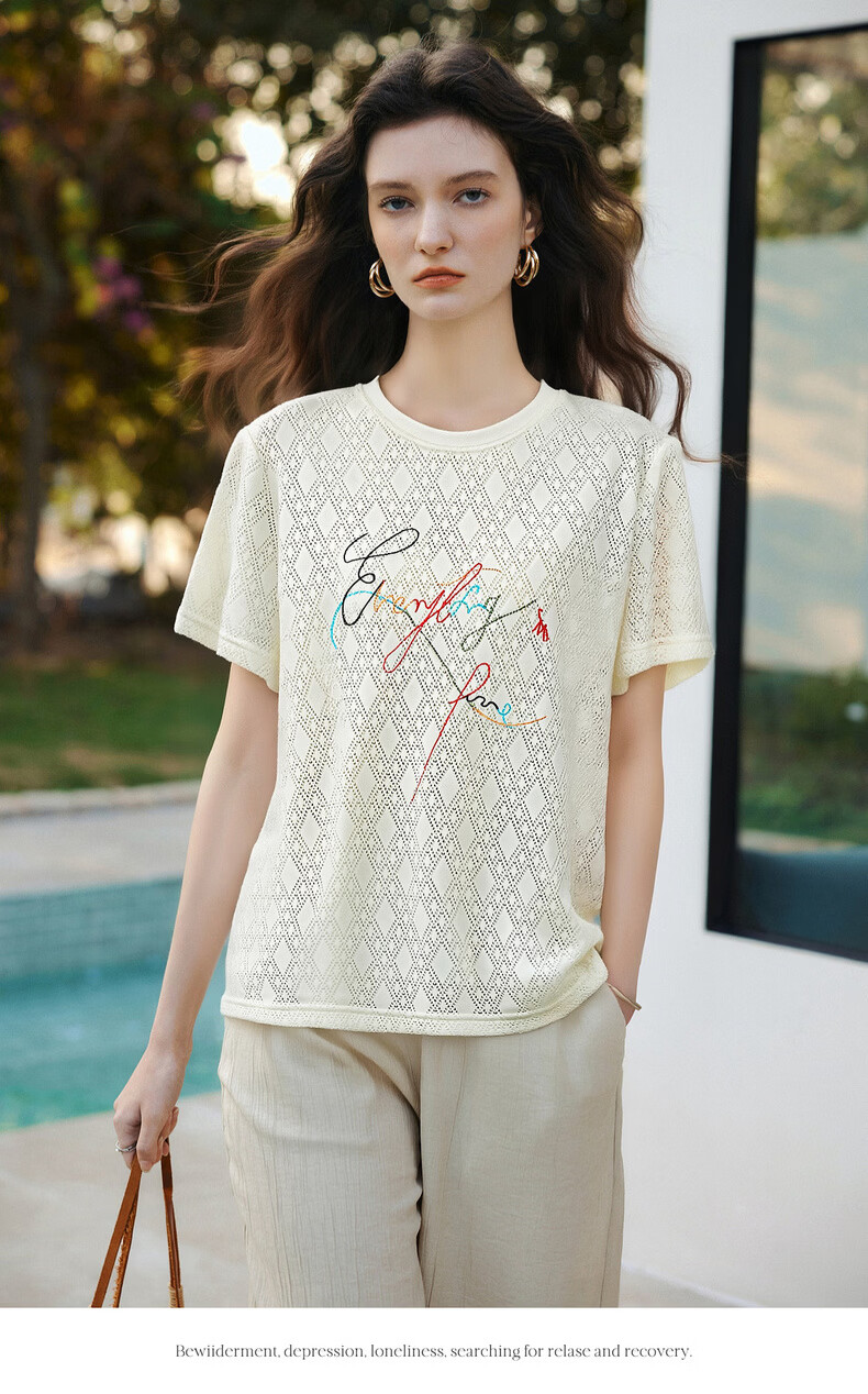 Olrain Summer New Round Neck Textured Hollow Jacquard Embroidered Short Sleeve Knit T-Shirt Women Off-White M 8