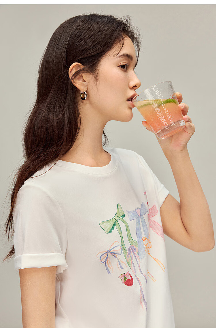 INMAN INMAN [Runway Style] Bow Print Round Neck T-Shirt, Summer 2026 Women's Short-Sleeve Top, White, Size L 16