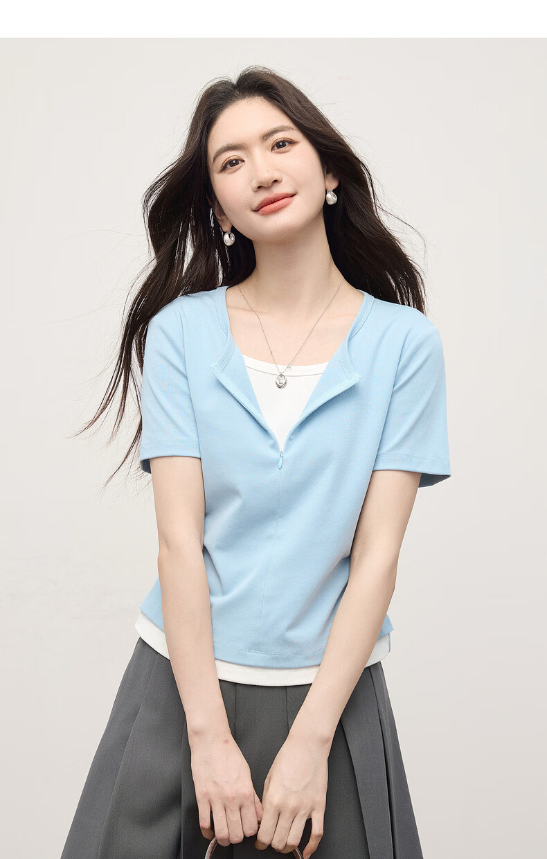 Sllsky Women's Summer 2026 New Slim Fit Shoulder Pleated Waist Short Sleeve Two-Piece Style T-Shirt 17