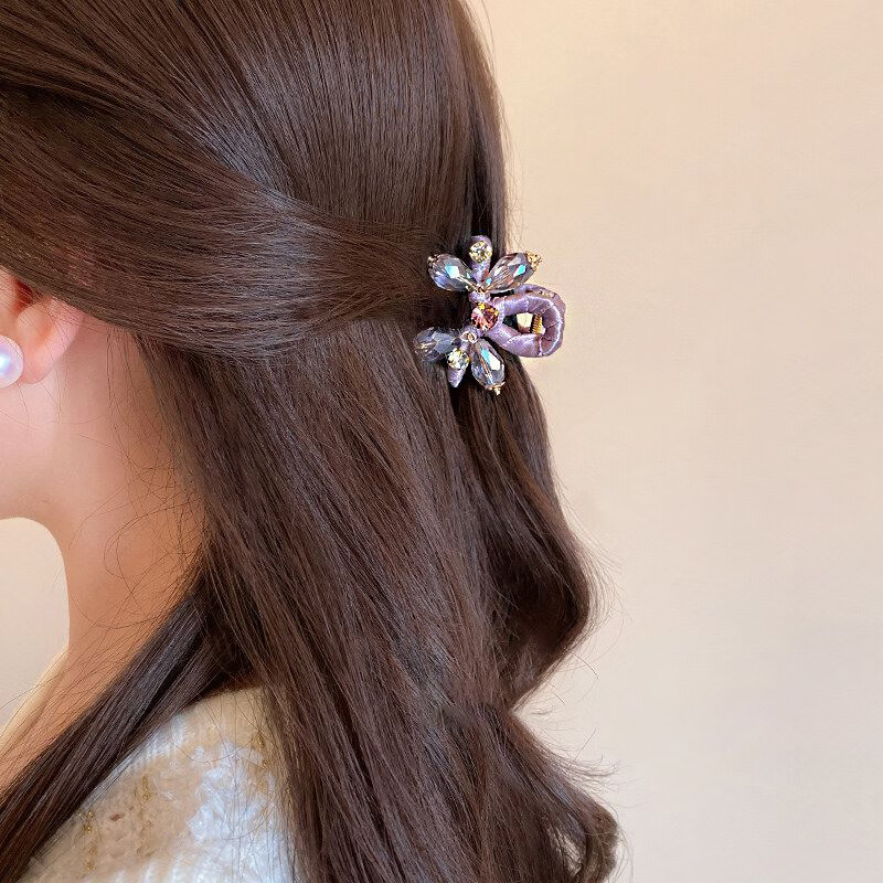 Idair French Style Pink Crystal Small Hair Claw Clip with Exquisite Rhinestones Side Clip Fashionable Half-Up Shark Clip for Women 2