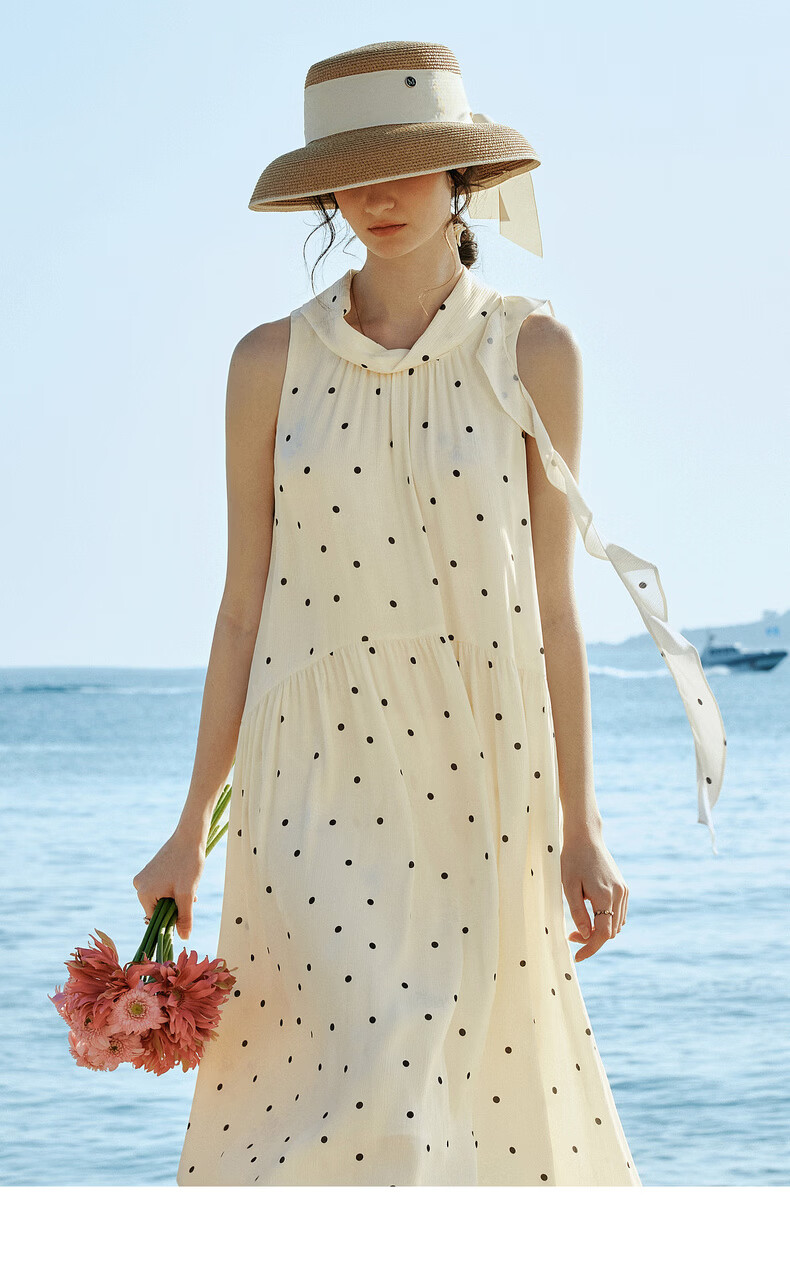 Olrain French Style Polka Dot Ruffled Neck Tie Loose Sleeveless Long Dress for Women, Polka Dot, Size S 12