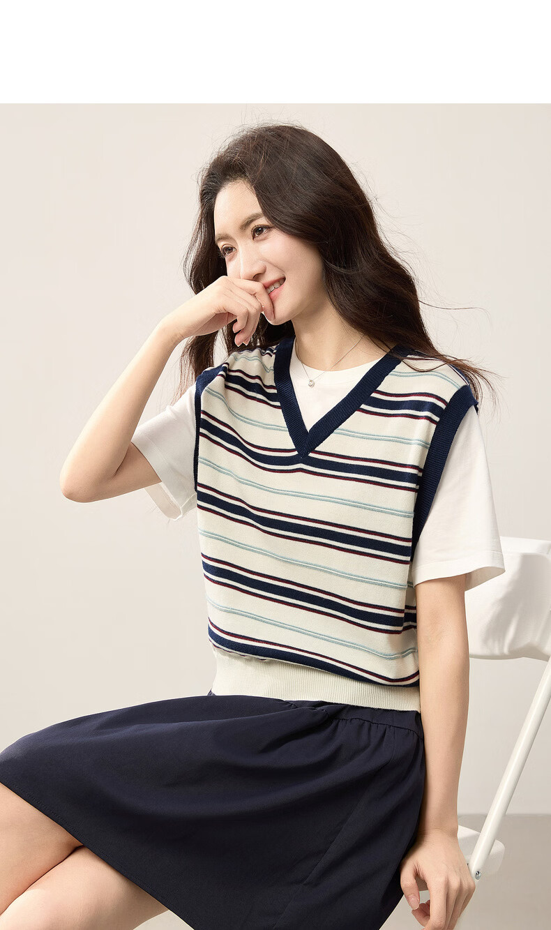 Sllsky College Style Colorblock Striped Patchwork Faux Two-Piece Wool Short Sleeve Knit Top Women 2026 Summer New Arrival 17