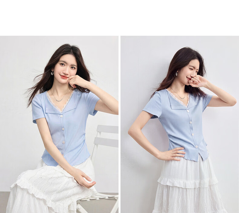 Sllsky Slow Style Lace Splice V-Neck T-Shirt Women Short Sleeve Fashionable Designer Top 2026 Summer New Arrival 19