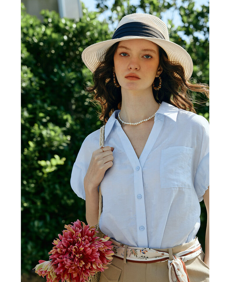 Olrain Eurier Summer New Tencel Puff Sleeve V-Neck Short Sleeve Shirt Women Loose Commuting Top Blue S 13
