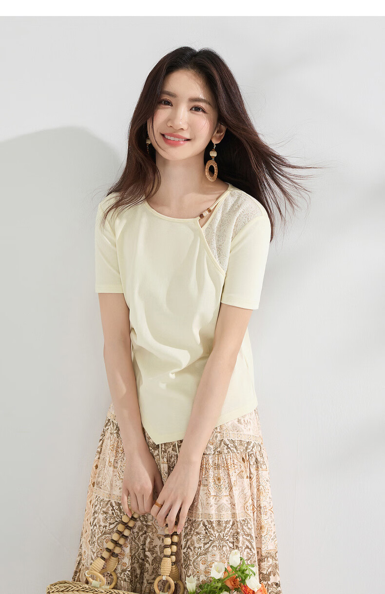 Shangdu Bila Gentle Elegant Cotton Blend T-Shirt Women Summer Beaded Round Neck Lace Splice Stretch Knit Short Sleeve Top 29