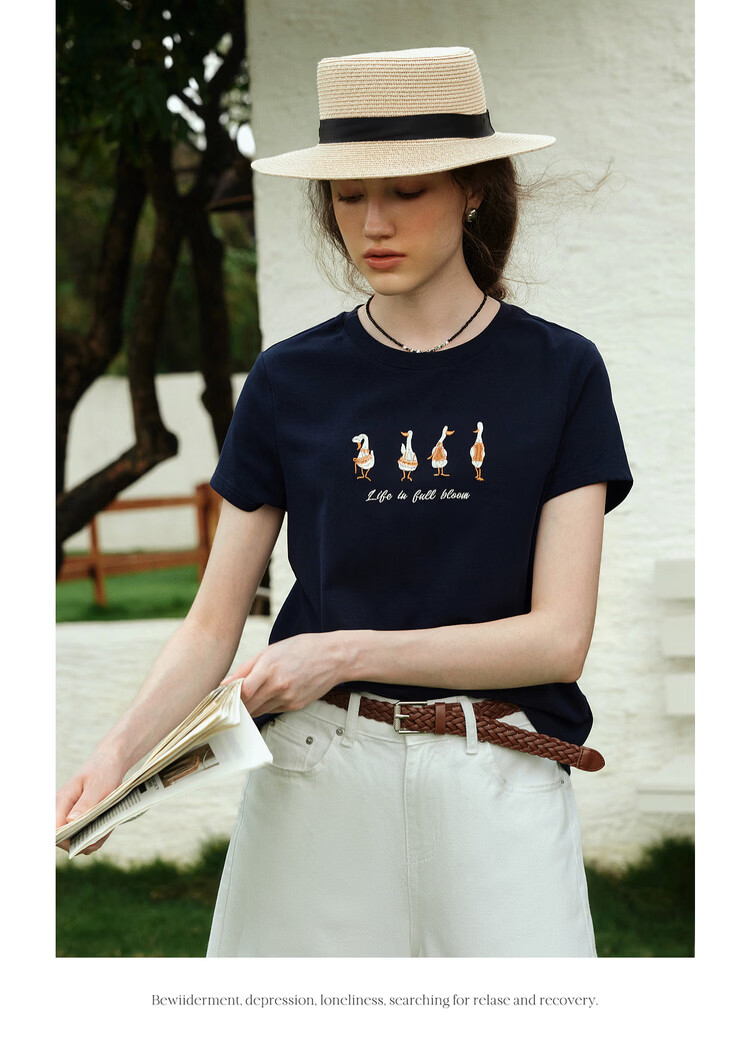 Olrain Eurier New Summer Casual Simple Embroidered Design Crew Neck Pullover Short Sleeve T-Shirt for Women Navy Blue M 13