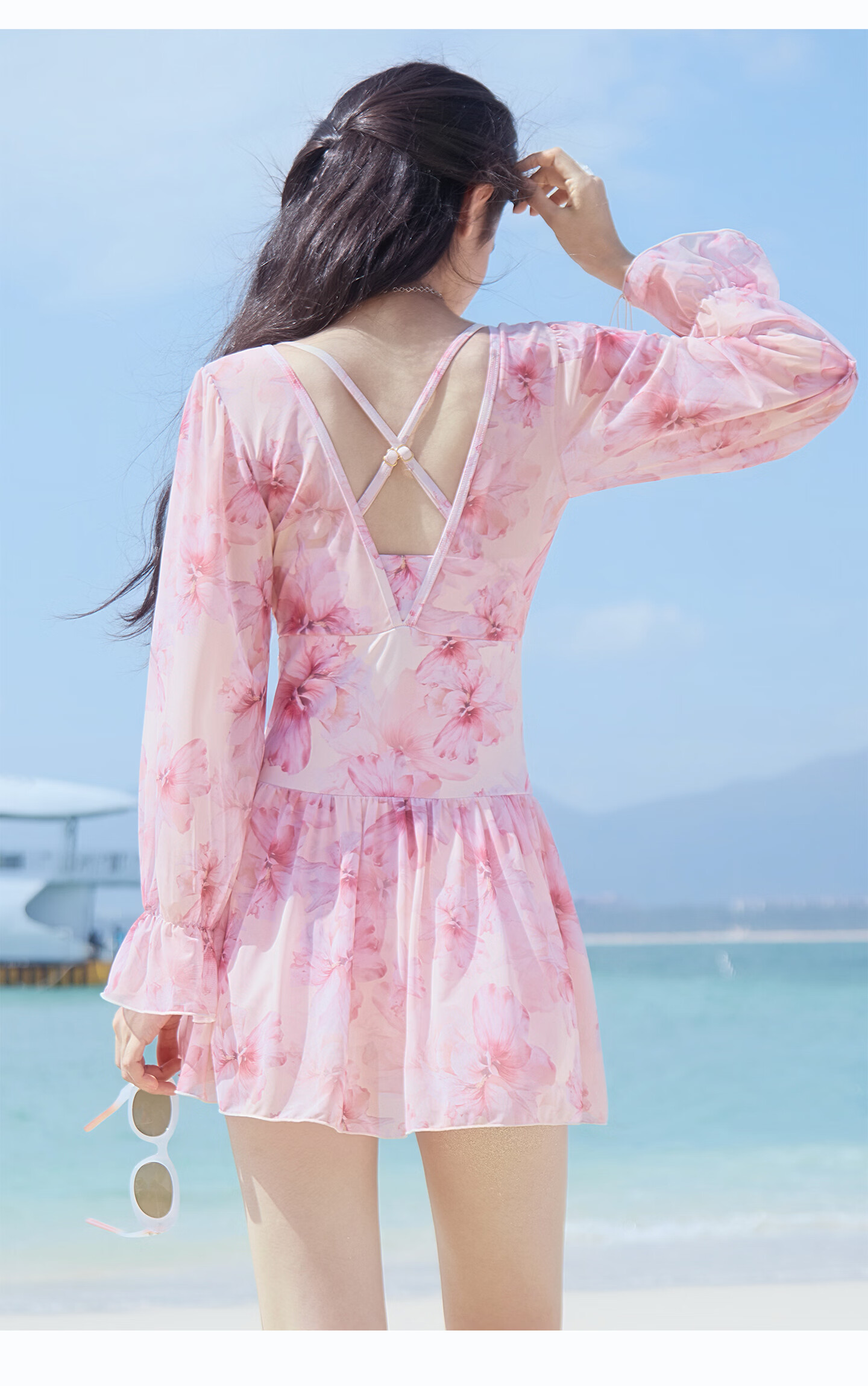 Sanqi Women's One-Piece Swimsuit Skirt Style V-Neck Tummy Control Slimming Vacation Hot Spring Long Sleeve Plus Size Fairy Style Swimwear 2XL 22