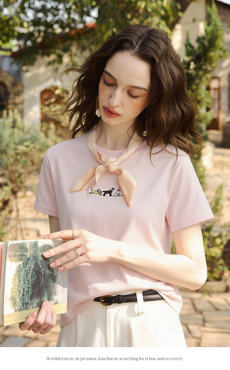 Olrain Summer Women's Casual Commuting 3D Dog Embroidery Pure Cotton Short Sleeve T-Shirt Pink XL 9