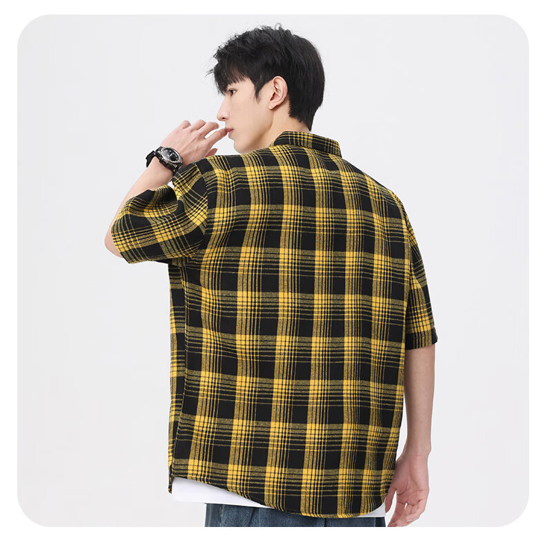 Woodpecker Casual Versatile Plaid Shirt Men 2026 Summer Trendy Ins Thin Loose Short Sleeve Top Black M 20