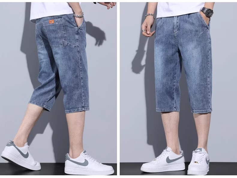 ROMON Men's Denim Shorts Summer Thin 7/8 Length Loose Straight-Leg Casual Pants 10