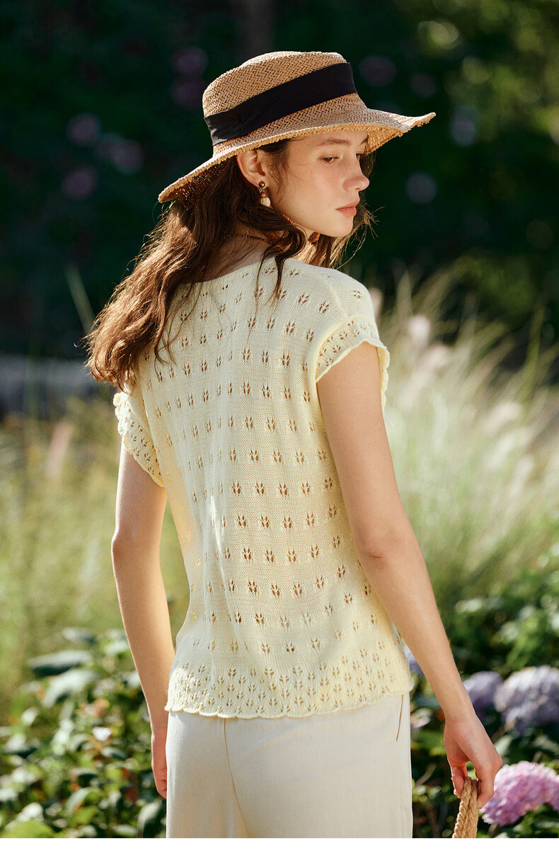 Olrain Summer New Round Neck Tie Single-Breasted Hollow Jacquard Knit Cardigan Women Top Yellow S 15