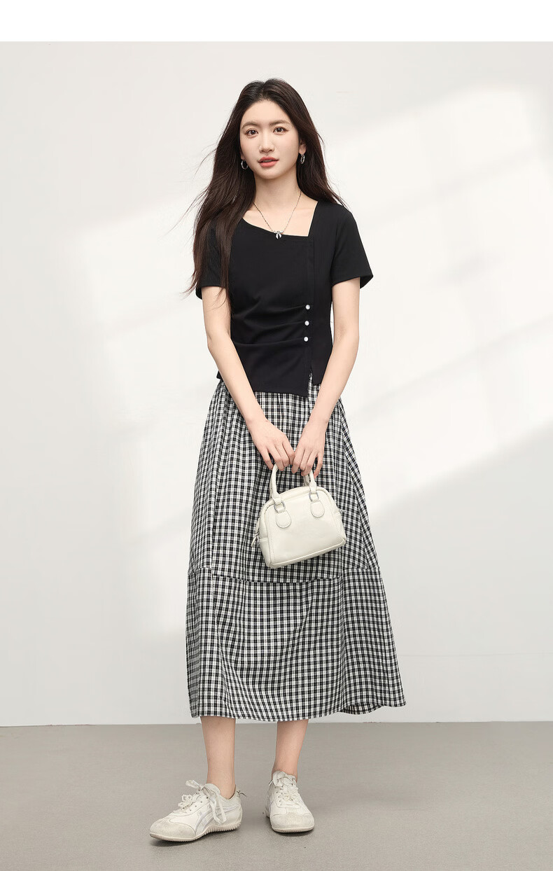 Sllsky Irregular Pleated Waist-Slimming Short Sleeve T-Shirt Women Summer Designer Short Square Neck Top 13