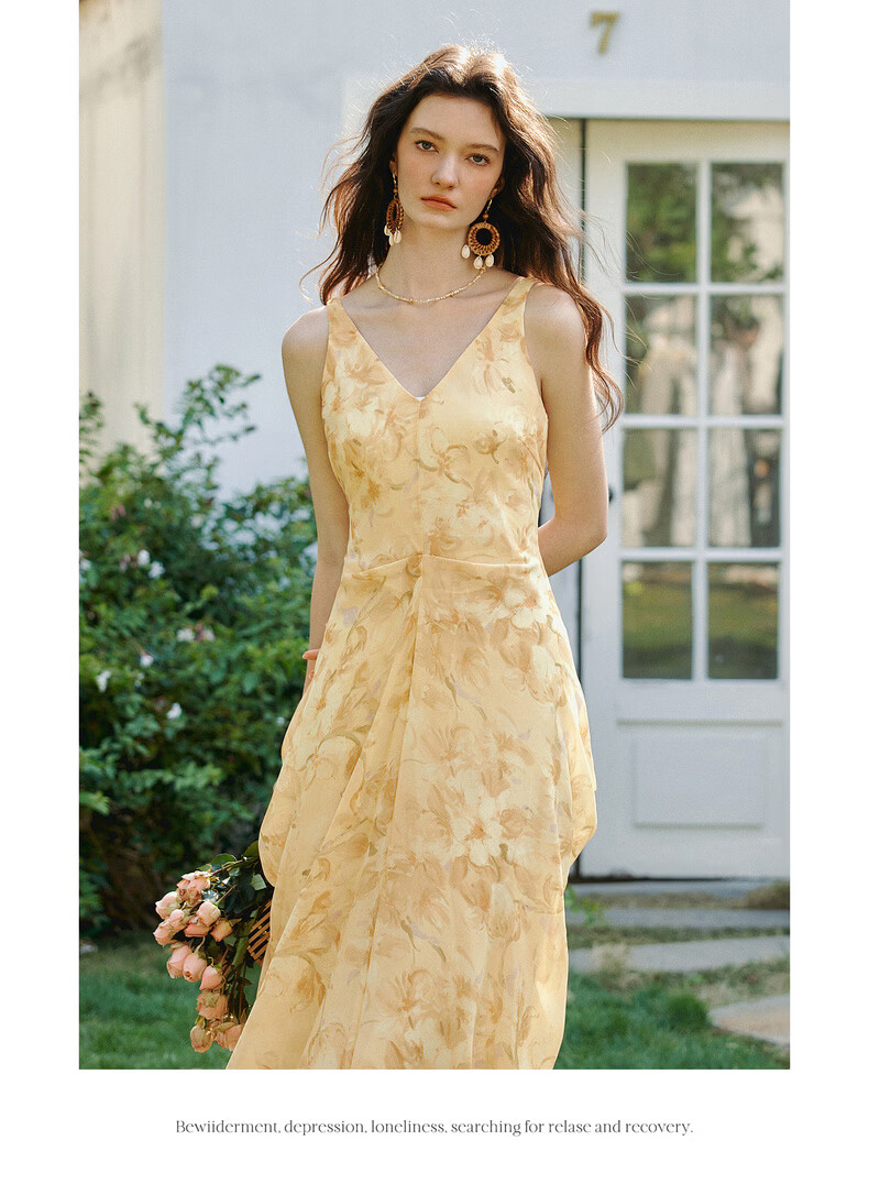 Olrain Oureier Summer New V-Neck Vest Dress Layered Pleated Deconstructed Vacation Style Printed Long Dress Yellow M 14