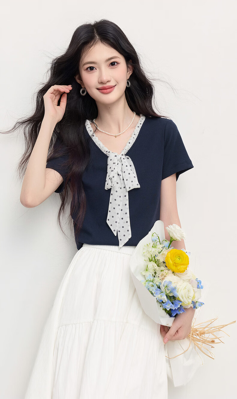Sllsky Polka Dot Bow Tie V-Neck T-Shirt for Women 2026 Summer New Fashion Casual Short Sleeve Top 2