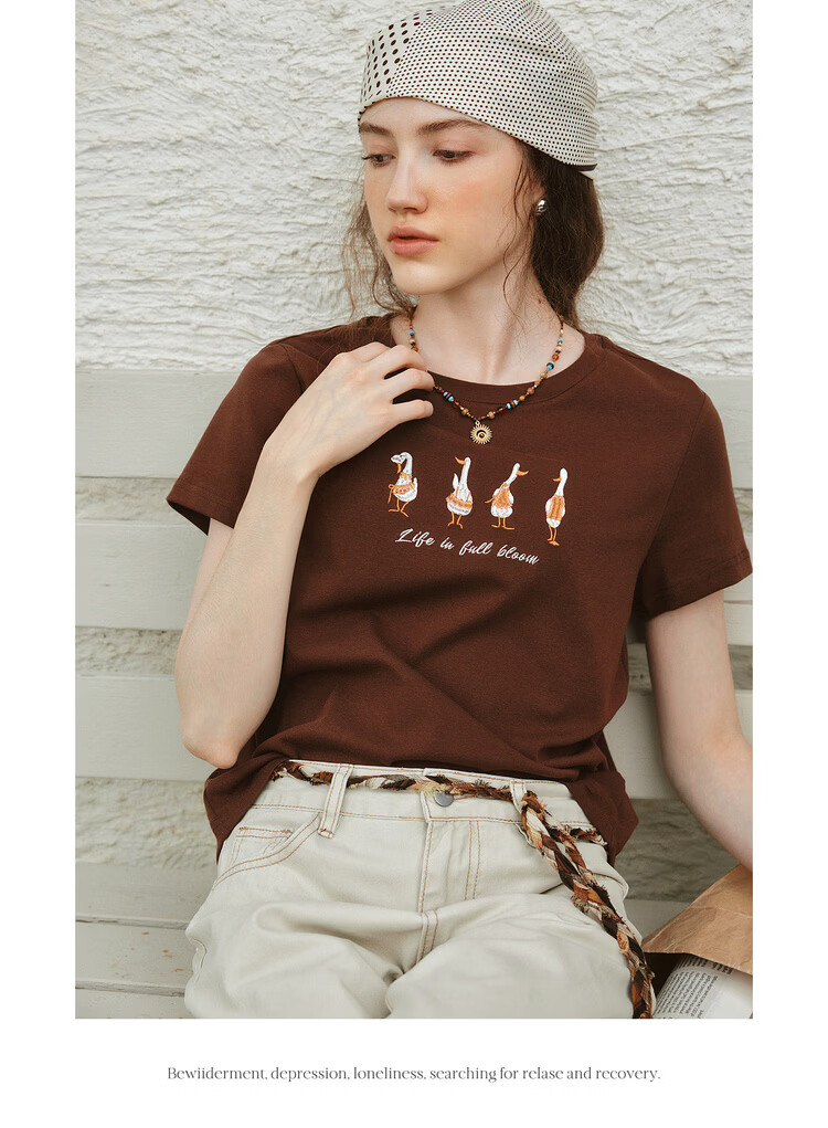 Olrain Eurier New Summer Casual Simple Embroidered Design Crew Neck Pullover Short Sleeve T-Shirt for Women Navy Blue M 16