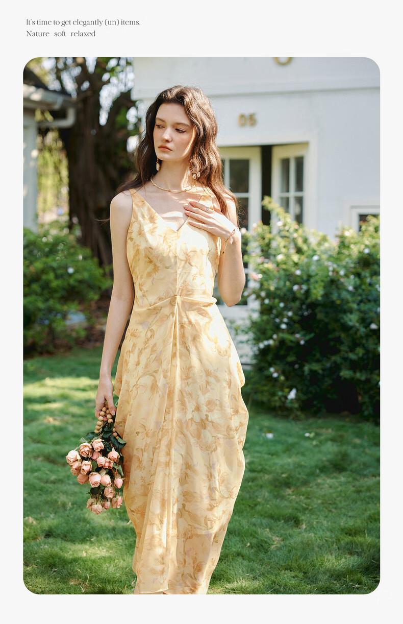 Olrain Oureier Summer New V-Neck Vest Dress Layered Pleated Deconstructed Vacation Style Printed Long Dress Yellow M 7