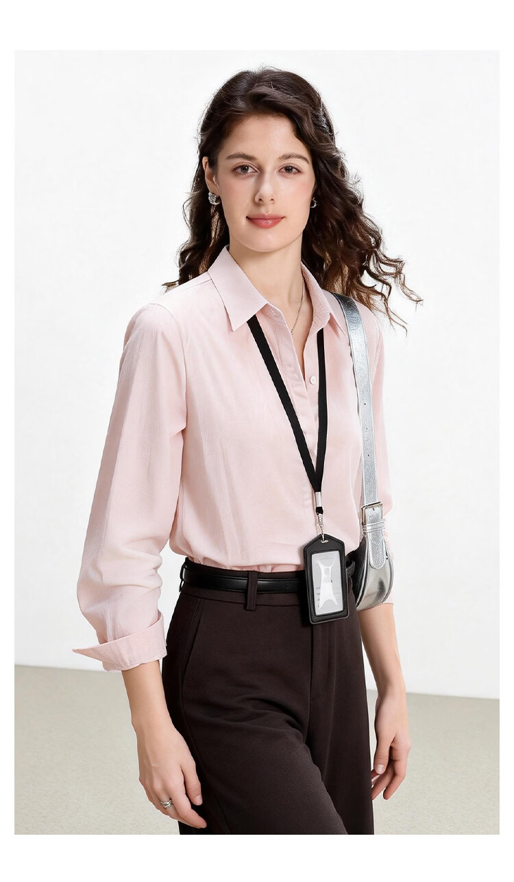 ENC Korean Style Long Sleeve Elegant Light Pink Shirt Youthful Loose Fit Niche Design Commuter Business Top 16