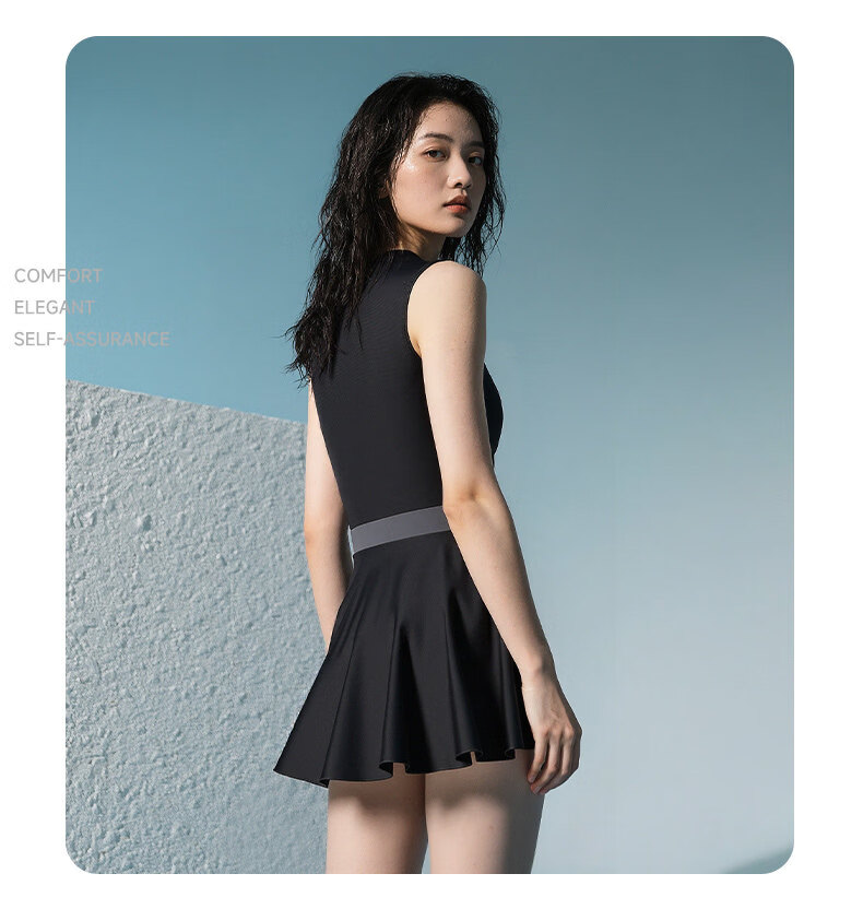 ANTA Women's One-Piece Slim Fit Skirted Swimsuit Breathable Comfortable Hot Spring Hepburn Style Vacation Swimwear Black Gray M 15