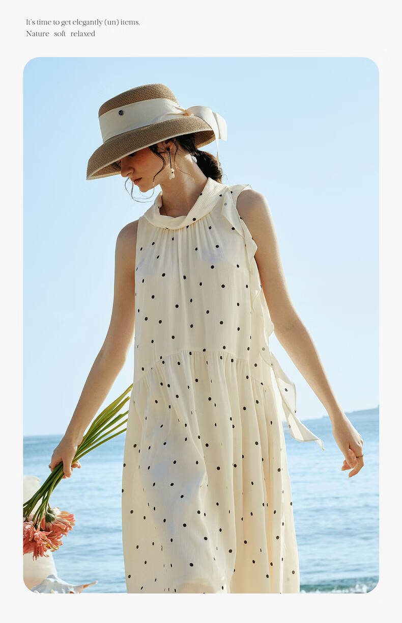 Olrain French Style Polka Dot Ruffled Neck Tie Loose Sleeveless Long Dress for Women, Polka Dot, Size S 7