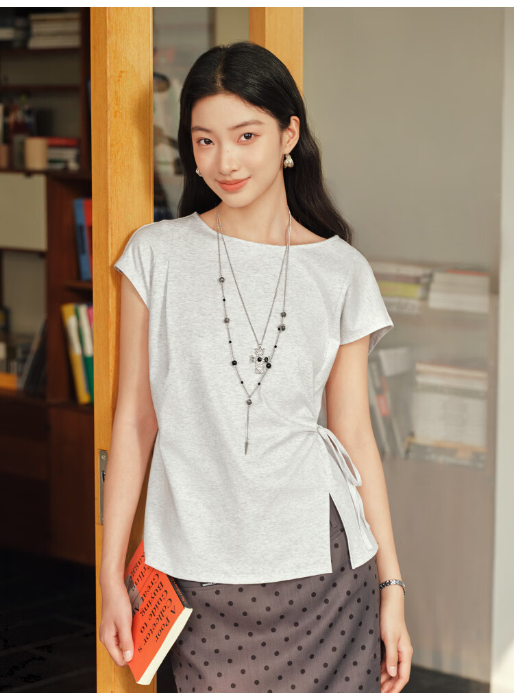 Semir Senrou Women's Summer T-Shirt Off-Shoulder Bow Split Pure Cotton 2026 Gentle Style 109326100010 19