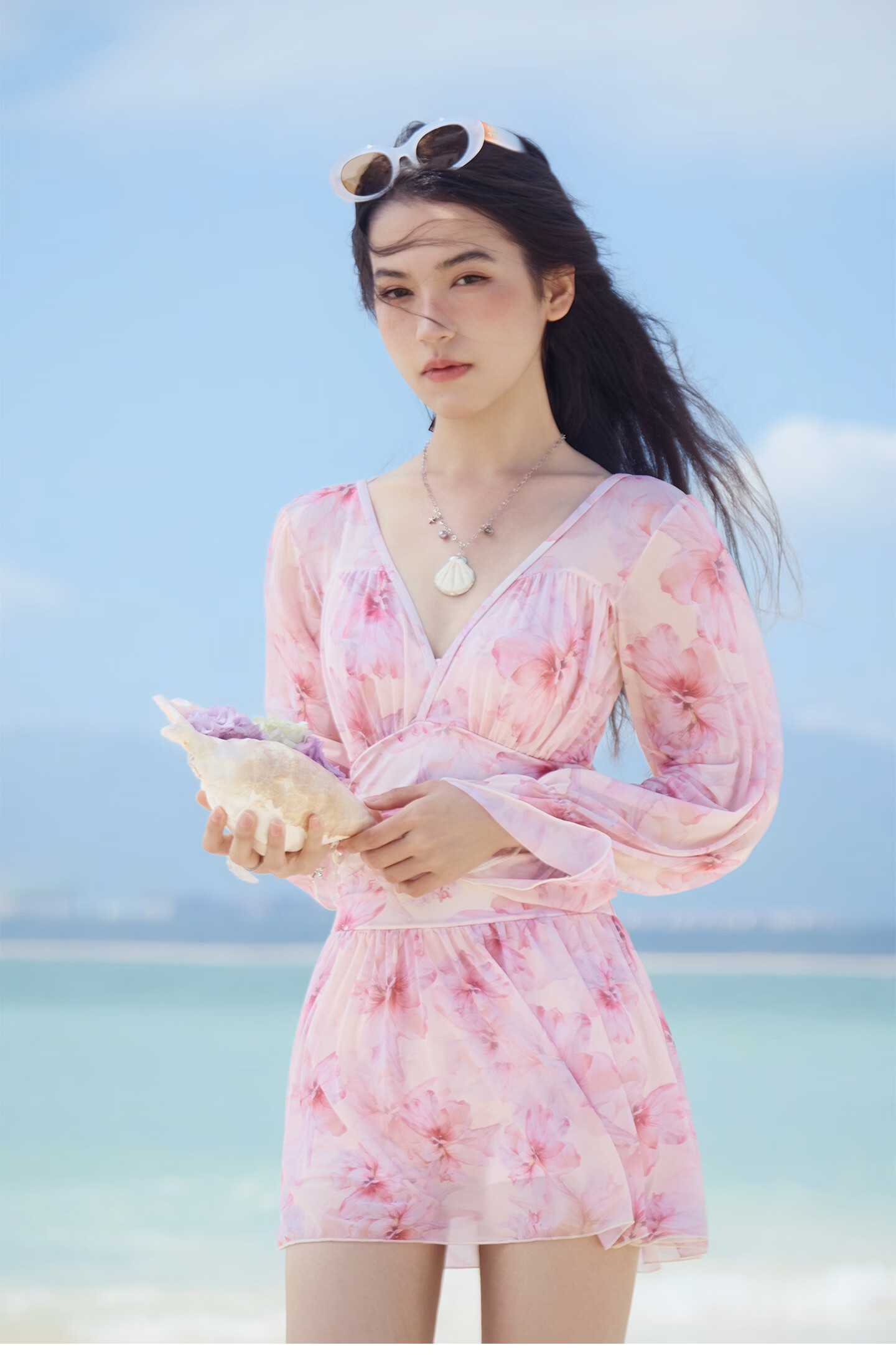 Sanqi Women's One-Piece Swimsuit Skirt Style V-Neck Tummy Control Slimming Vacation Hot Spring Long Sleeve Plus Size Fairy Style Swimwear 2XL 19