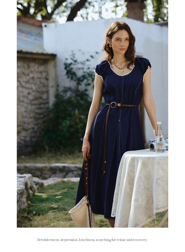 Olrain Eurielle Summer New Retro U-Neck Waist-Slimming Fitted Versatile Denim Dress for Women Denim Blue S 12