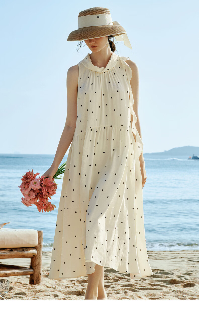 Olrain French Style Polka Dot Ruffled Neck Tie Loose Sleeveless Long Dress for Women, Polka Dot, Size S 10